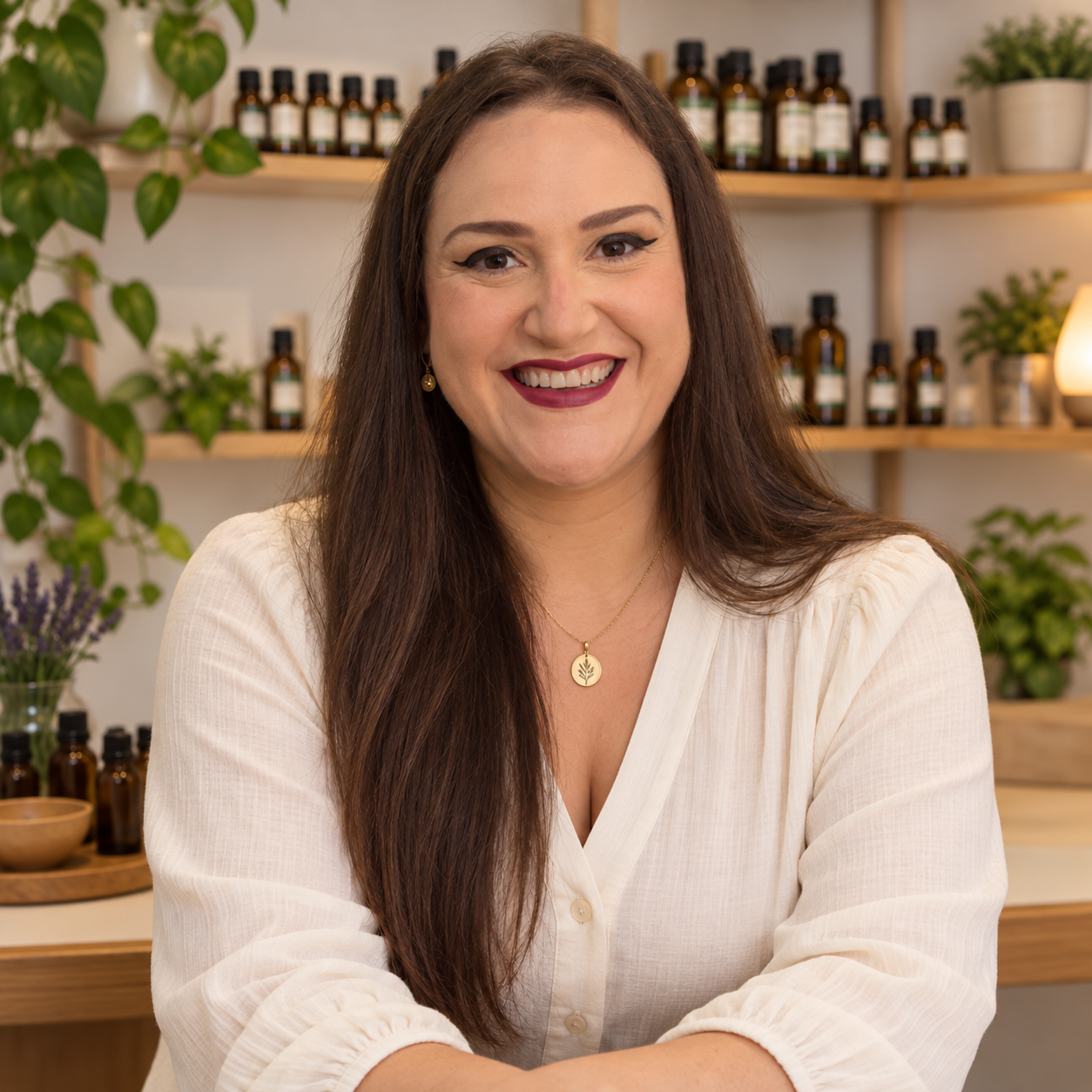 Chris Acioli sorrindo em sua bancada de aromaterapia